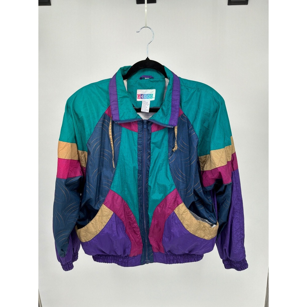Vintage G4000 Women Colorblock Windbreaker Jacket Teal Purple 80s 90s Large